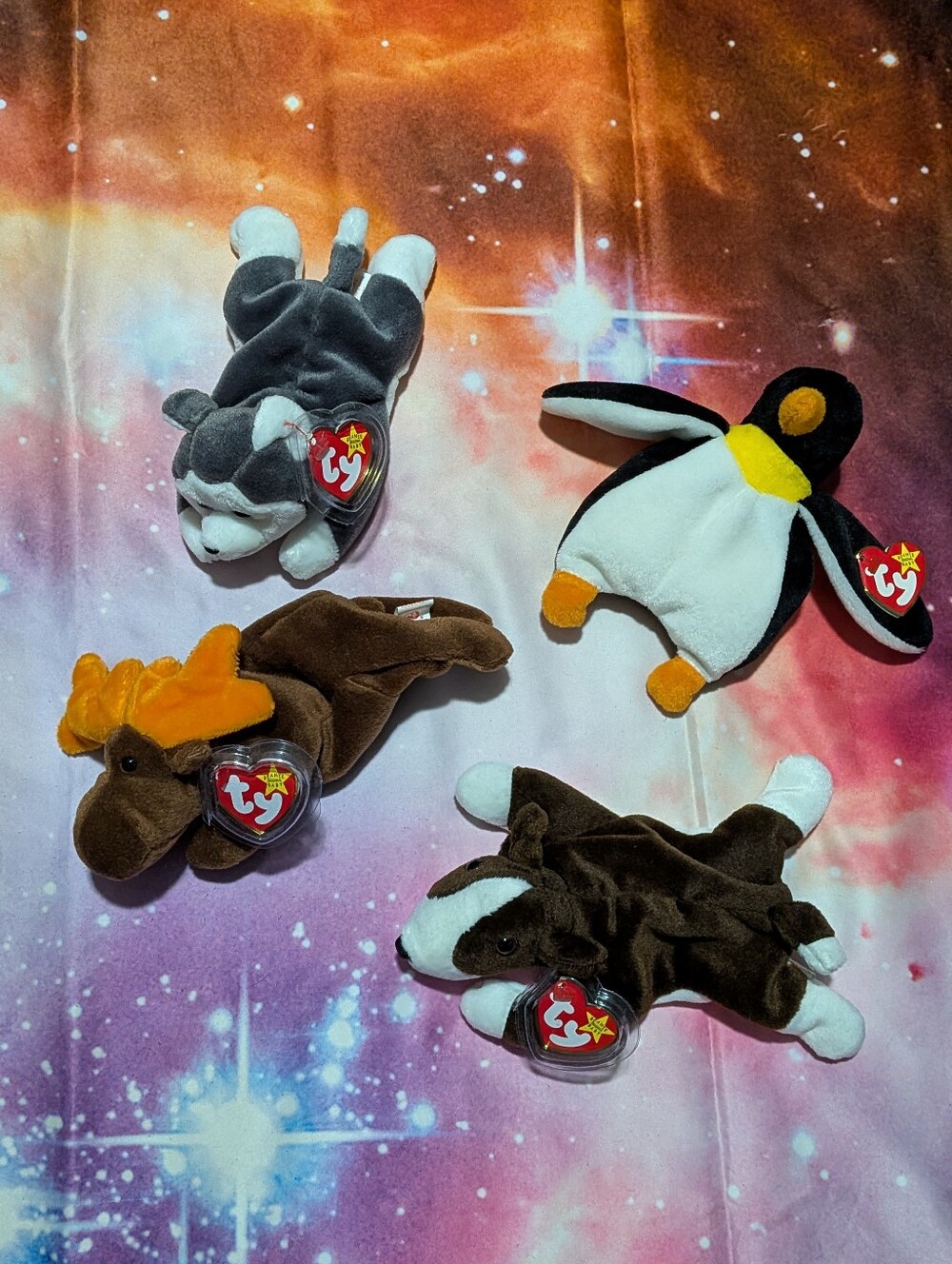 Ty Beanie Babies Plush Lot - Husky, Penguin, Moose, Dog